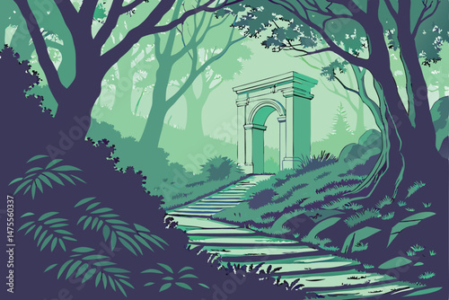 30 a path through a lush, mysterious forest leading to a majestic white stone arch, atmospheric lighting, vibrant colors, intricate details, cinematic, dramatic, highly detailed, 8k resolution
