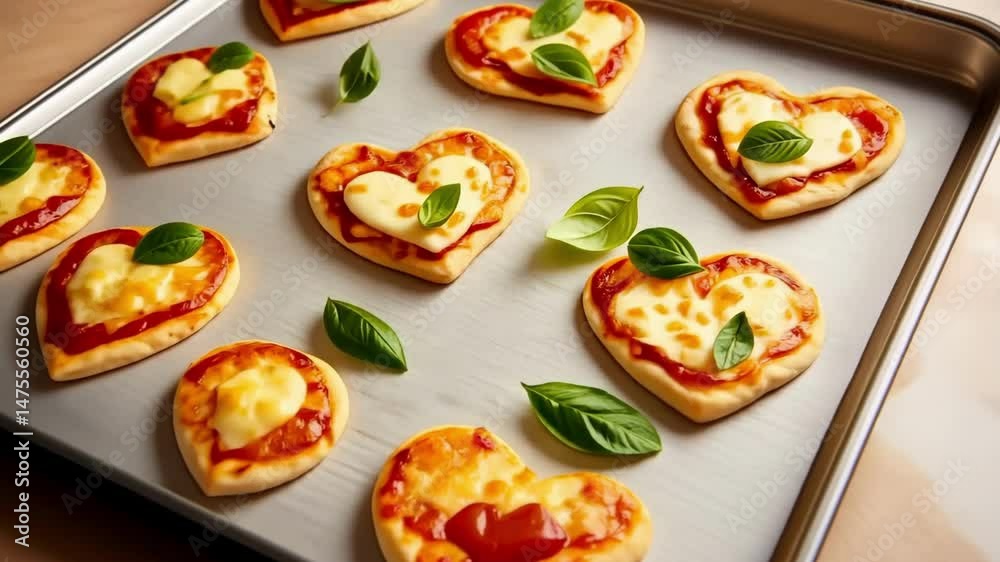 Heart-shaped mini pizzas with basil garnish on baking tray. The 14th of February. Happy Valentine's Day Heart-shaped mini pizzas with basil garnish on baking tray. The 14th of February. Happy Valentine's Day