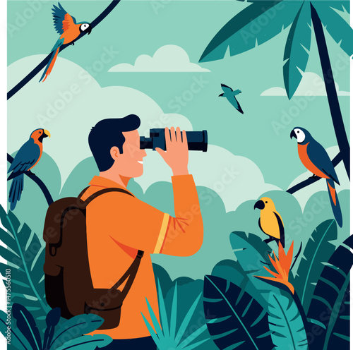 Birdwatcher observing colorful tropical birds in lush jungle with binoculars vector illustration 