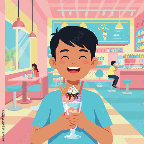 Boy Enjoying Ice Cream Sundae in Colorful Coffee Shop Interior Vector Illustration 