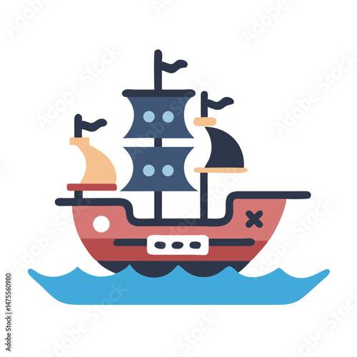 Cute Cartoon Pirate Ship on Water Illustration