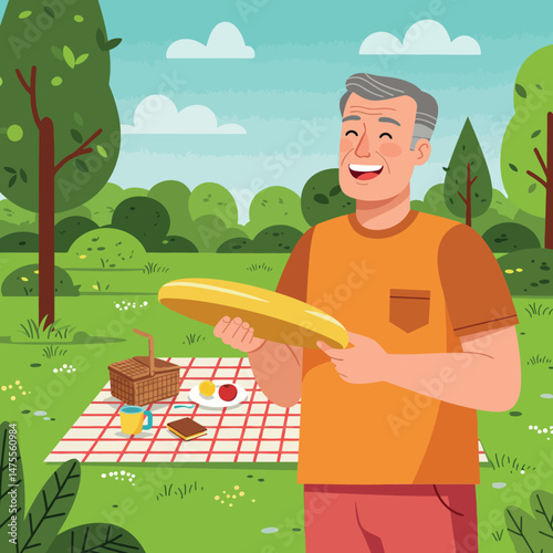 Elderly man enjoying picnic with baguette bread in green park outdoor scene 
