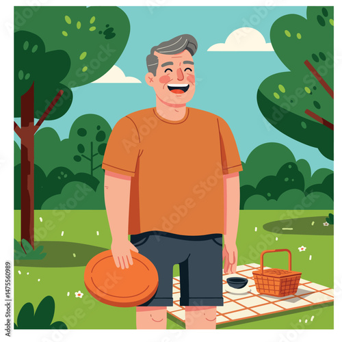 Man enjoying outdoor picnic holding frisbee in green park under blue sky vector 