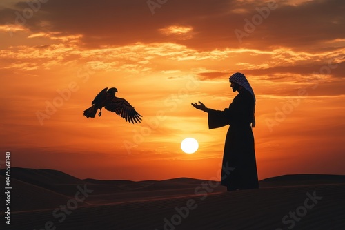 Sunset silhouette of Arabic man with bird of prey in the desert sky, Sunset silhouette Arabic man with bird of prey on desert sands