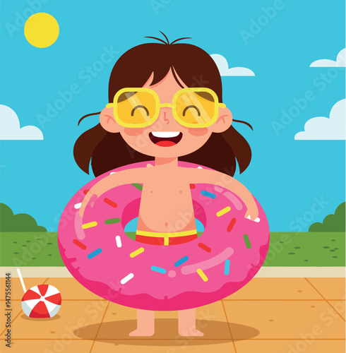 Girl with pink donut float ring enjoying sunny summer day outdoors poolside fun 