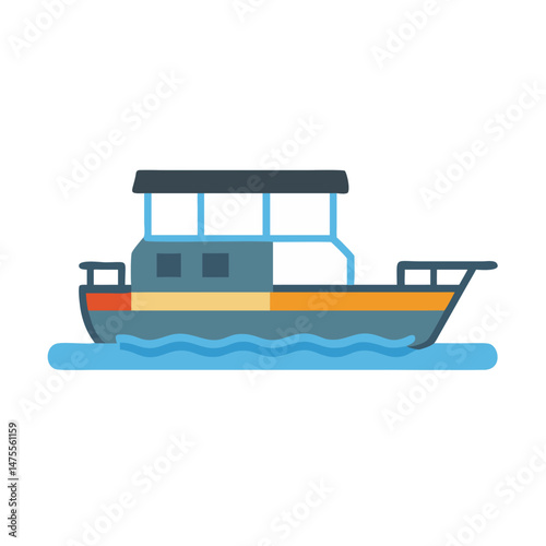Cartoon Boat Vector Illustration on Water Against Black