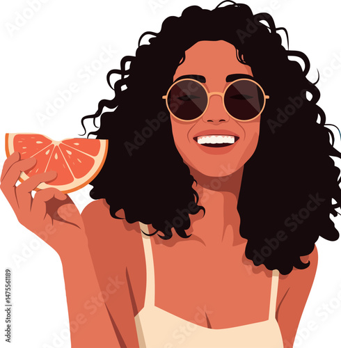 Woman with curly hair holding grapefruit slice smiling with sunglasses vector illustration 