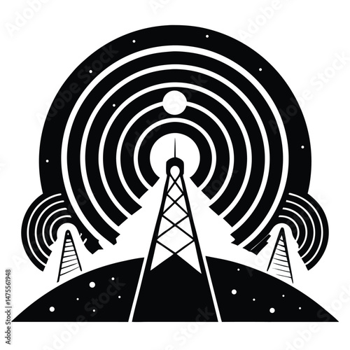 The black and white signal towers on a hill broadcasting signals outward effectively