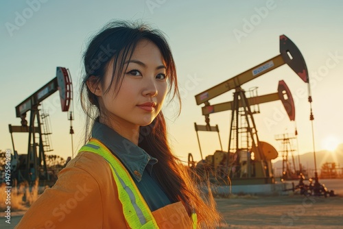 Asian woman engineer inspects oil pumps at sunrise in a western landscape, An Asian woman engineer inspects oil pumps at sunrise in a large oil field in California