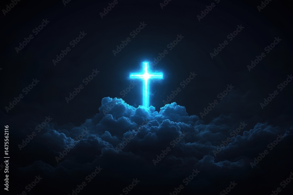 Obraz premium glowing blue cross on top of dark clouds in the sky symbolize hope or freedom, perhaps representing Jesus Christ Generative AI