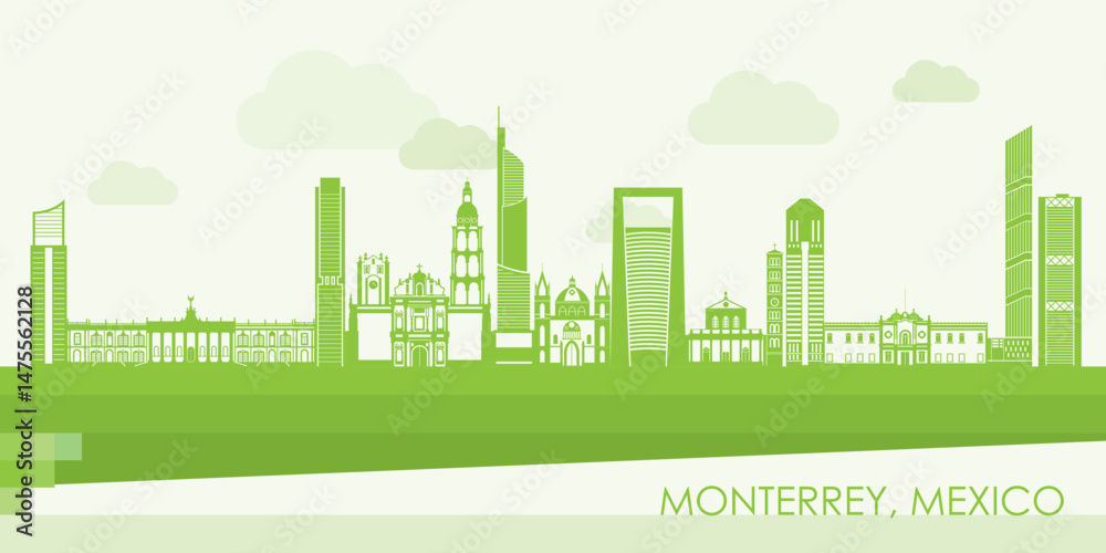 Green Skyline panorama of city of Monterrey, Mexico - vector illustration