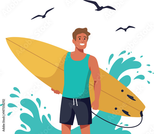 Surfer man holding yellow surfboard with ocean waves and flying seagulls vector illustration 