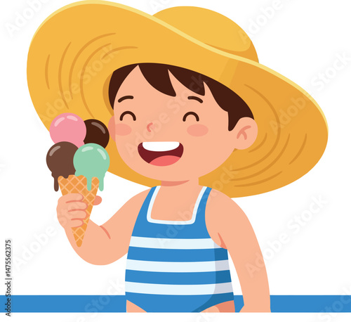 Happy boy in striped swimsuit and large sun hat eating colorful ice cream cone vector illustration 