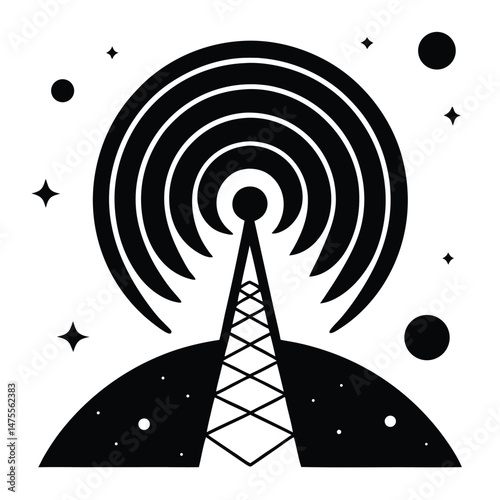 Communication tower emits signal waves to outer space, surrounded by celestial objects like stars