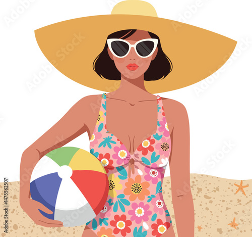 Woman in floral swimsuit holding beach ball wearing large sun hat and sunglasses vector illustration 