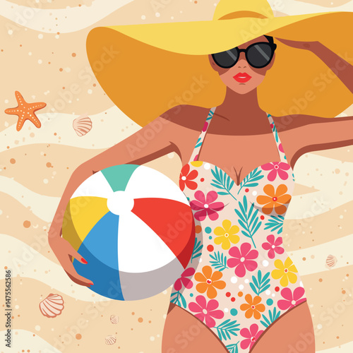 Woman in floral swimsuit holding beach ball with large sunhat and sunglasses vector illustration 
