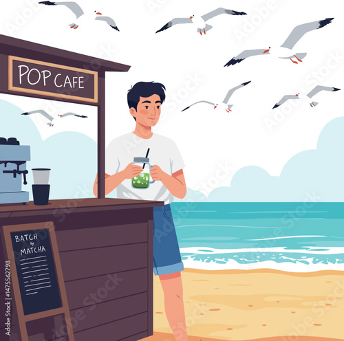 Young man drinking bubble tea at beachside pop cafe with seagulls flying overhead vector illustration 