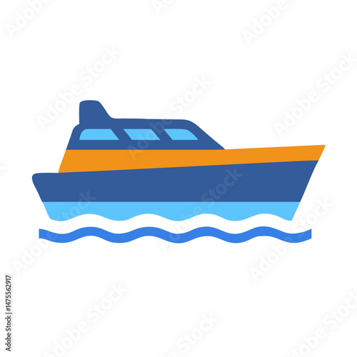 Vector illustration of blue and orange motorboat in water