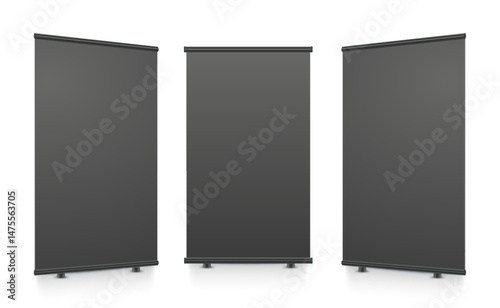 Blank roll up banner stand. Empty black mock up for presentation