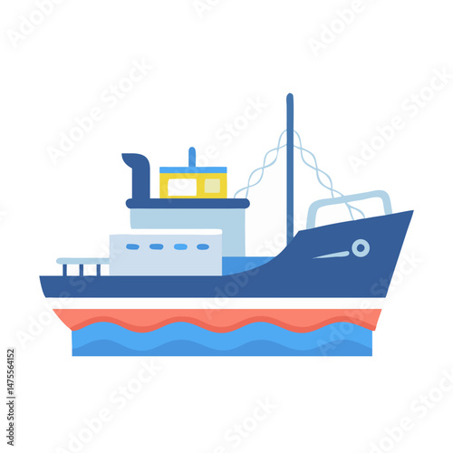 Cute Cartoon Fishing Boat on Black Background Illustration