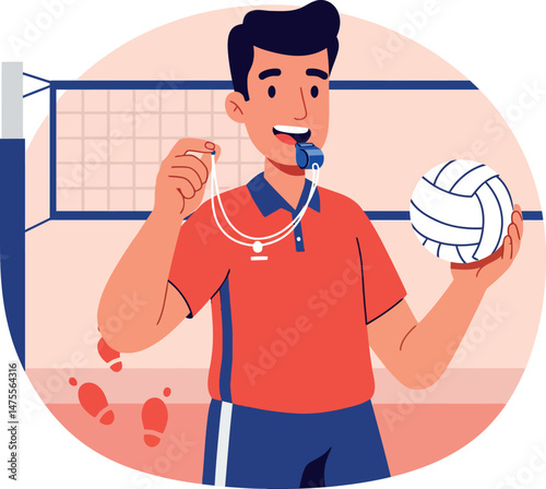 Volleyball player holding ball and whistle on court vector illustration for sport activity training 