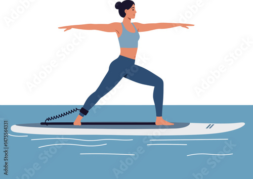 Woman practicing yoga on paddleboard in water calm balance and fitness exercise vector illustration 