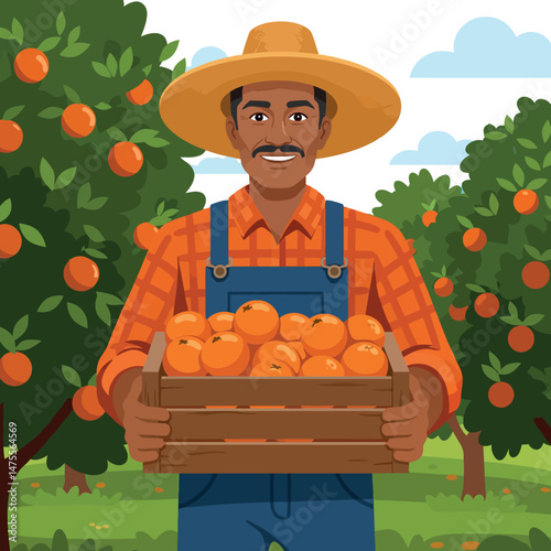 Farmer holding crate of fresh oranges in orchard with green trees and blue sky vector illustration 