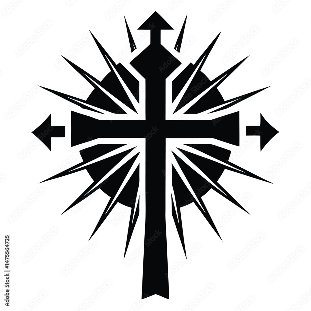 Obraz premium Black cross with light rays and arrow features stands out against a white background
