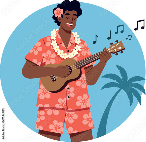 Hawaiian man playing ukulele in floral shirt and lei with palm tree background vector illustration 