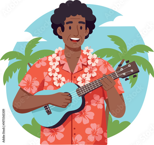 Man Wearing Hawaiian Shirt Playing Ukulele with Palm Trees in Background Vector Illustration 