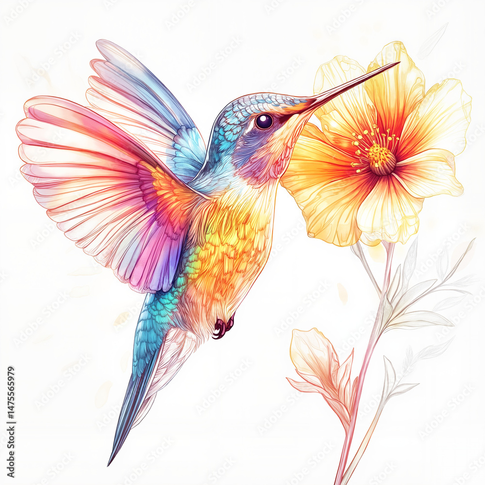Obraz premium Colorful hummingbird sipping nectar from a bright flower 