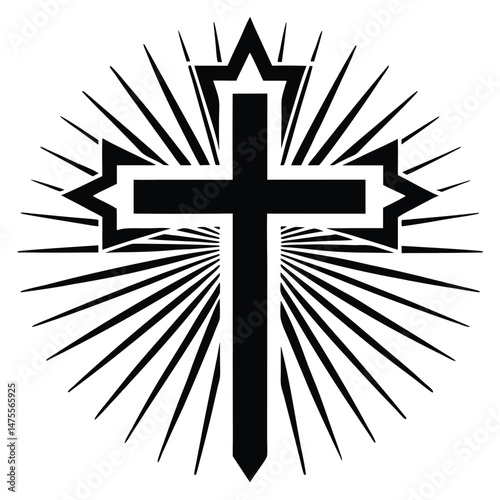 Black cross surrounded by radiating lines emphasizes faith, spirituality, and religious significance