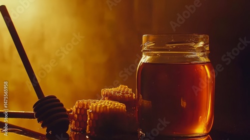 Fresh Honey in Jar with Honeycombs and Dippers in Warm Lighting
