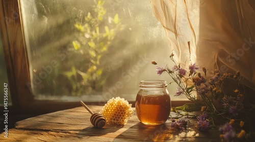 Fresh Honey in Glass Jar on Wooden Table with Honeycomb and Flowers
