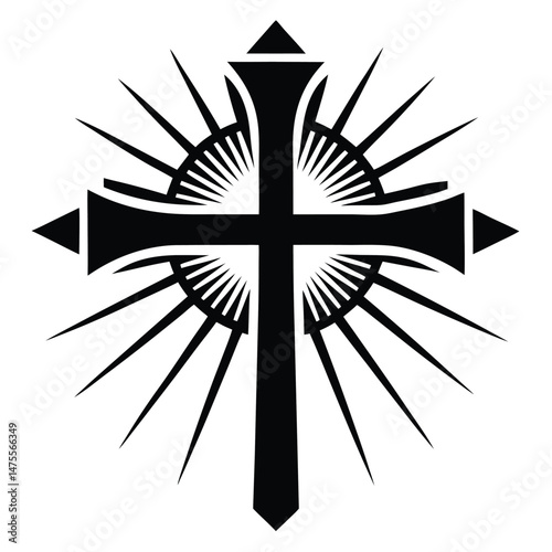 A bold black Christian cross shines brightly with light beams radiating outward powerfully now