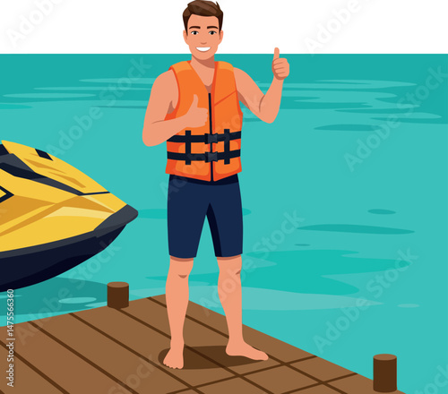 Man with life jacket standing on dock near yellow jet ski on turquoise water vector illustration 