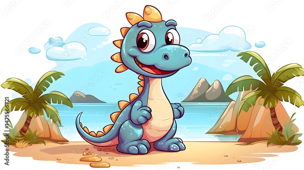 Naklejka premium Colorful Cute Dinosaur in Tropical Land Cartoon Vector Illustration for Children's Book Cover Design