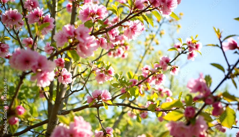 Cherry blossom tree blooming vibrantly in pink and green against a blue sky for spring nature