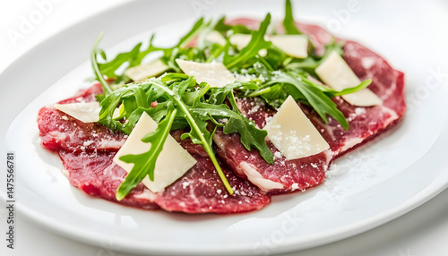 Obraz na płótnie Delicious beef carpaccio with arugula and cheese highlighted on white w salonie