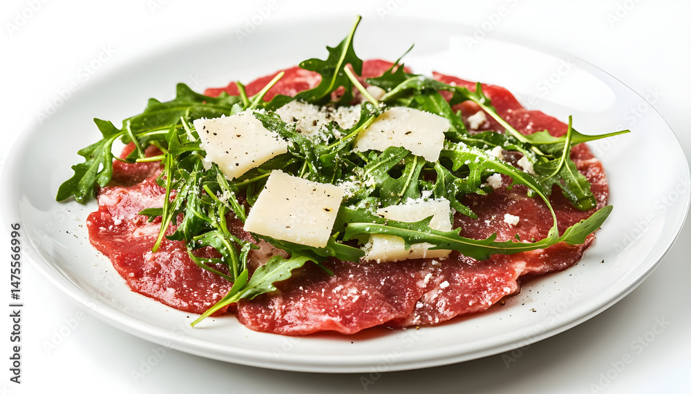 Delicious beef carpaccio with arugula and cheese highlighted on white