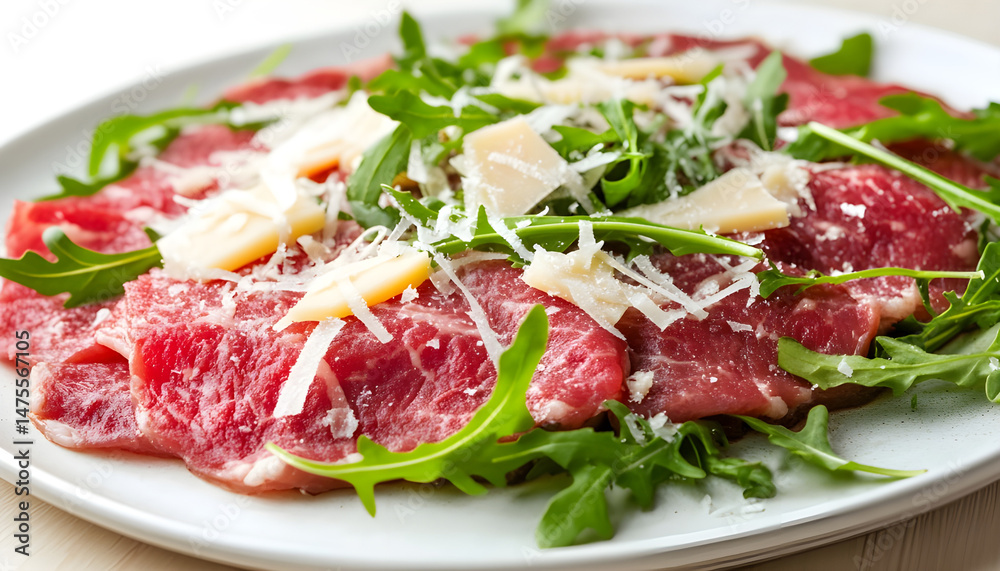 Delicious beef carpaccio with arugula and cheese highlighted on white