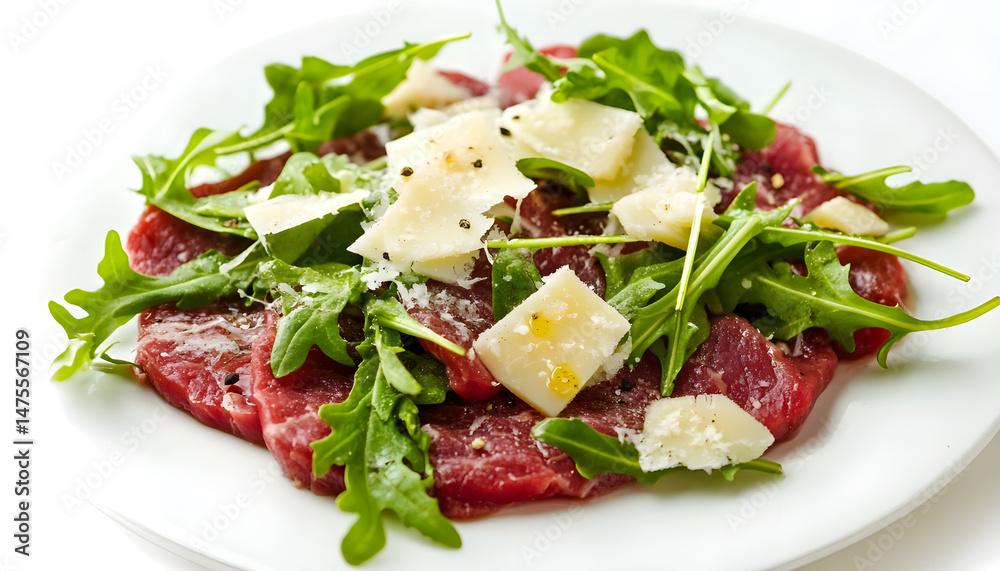 Delicious beef carpaccio with arugula and cheese highlighted on white