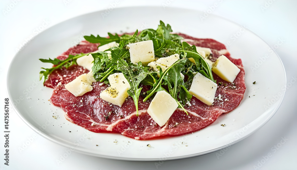 Delicious beef carpaccio with arugula and cheese highlighted on white