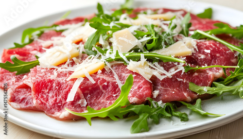 Obraz na płótnie Delicious beef carpaccio with arugula and cheese highlighted on white w salonie