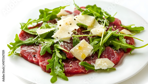 Obraz na płótnie Delicious beef carpaccio with arugula and cheese highlighted on white w salonie