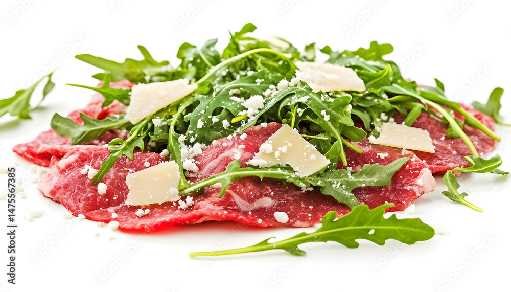 Delicious beef carpaccio with arugula and cheese highlighted on white