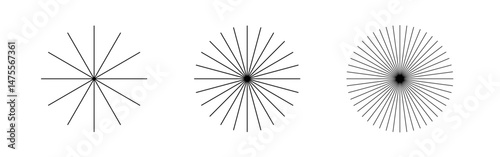 Radial circle lines. Circular radiating lines geometric element. Black sun rays in a circular burst pattern for comic effects