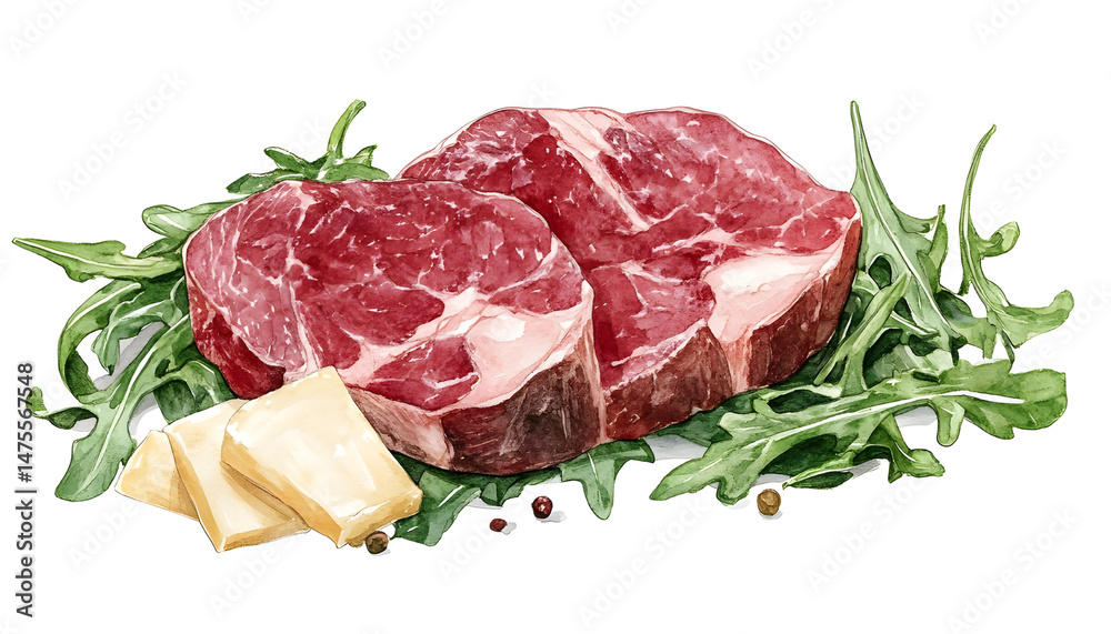 Delicious beef carpaccio with arugula and cheese highlighted on white
