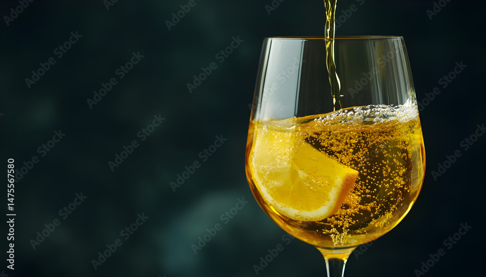 Pouring tasty aromatic wine in glass on dark background, closeup. Space for text