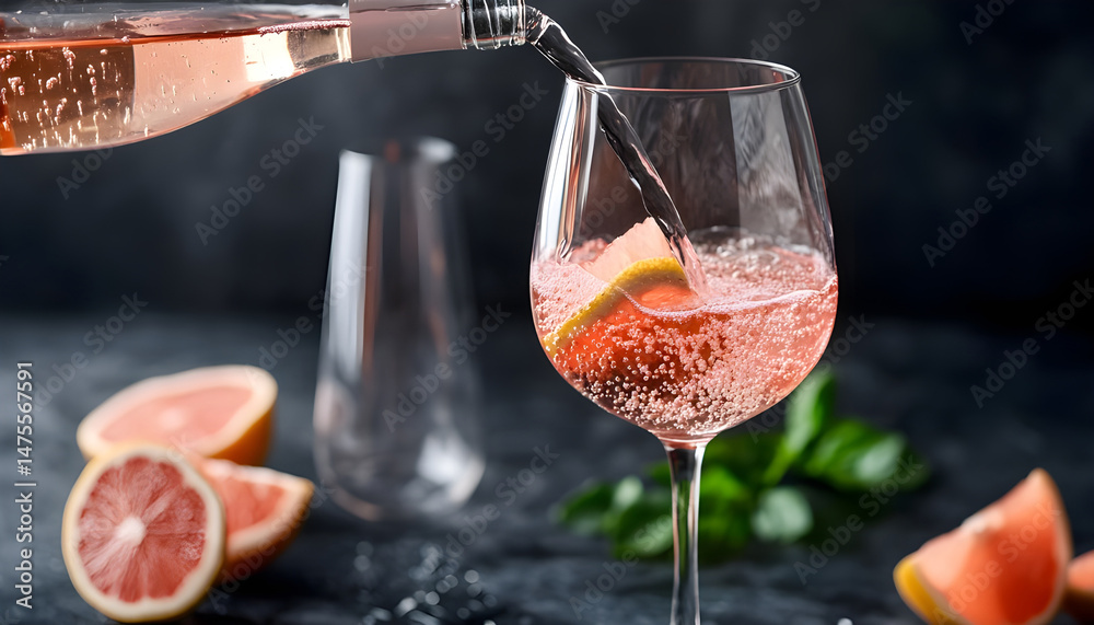 Pouring tasty aromatic wine in glass on dark background, closeup. Space for text